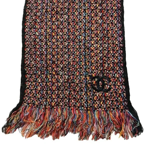 CHANEL Luxury Vintage Black & Red Multi-Color Woven Fringed Shawl Wrap Scarf - Picture 5 of 15